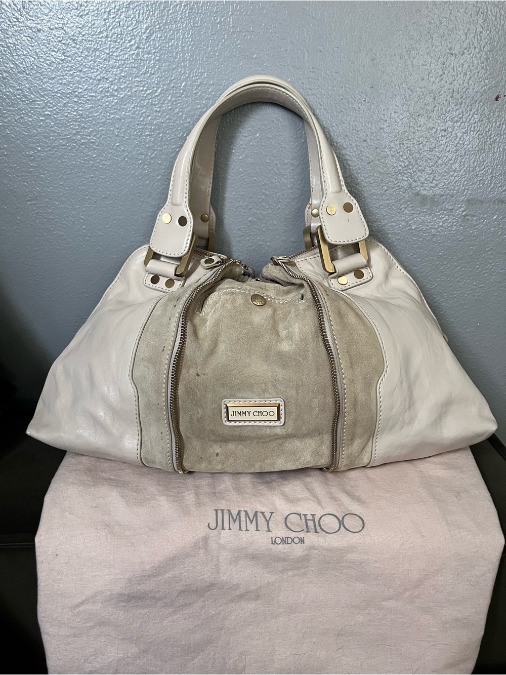 Jimmy Choo Boston Cream Leather & Suede Shoulder Bag with Gold Hardware